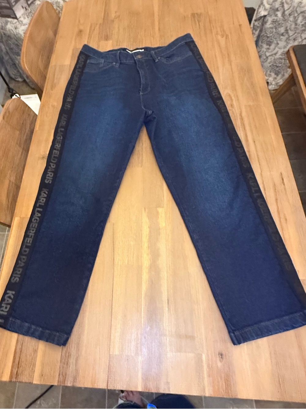 Karl Lagerfeld Women's Navy and Black Side-Trim Relaxed Jeans - Picture 3 of 9